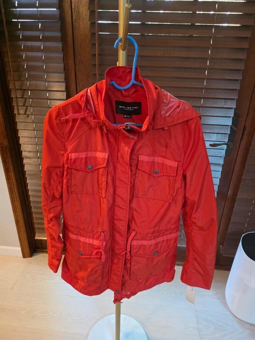 Marc New York Men’s Bright Red Hooded Raincoat with Front Pockets